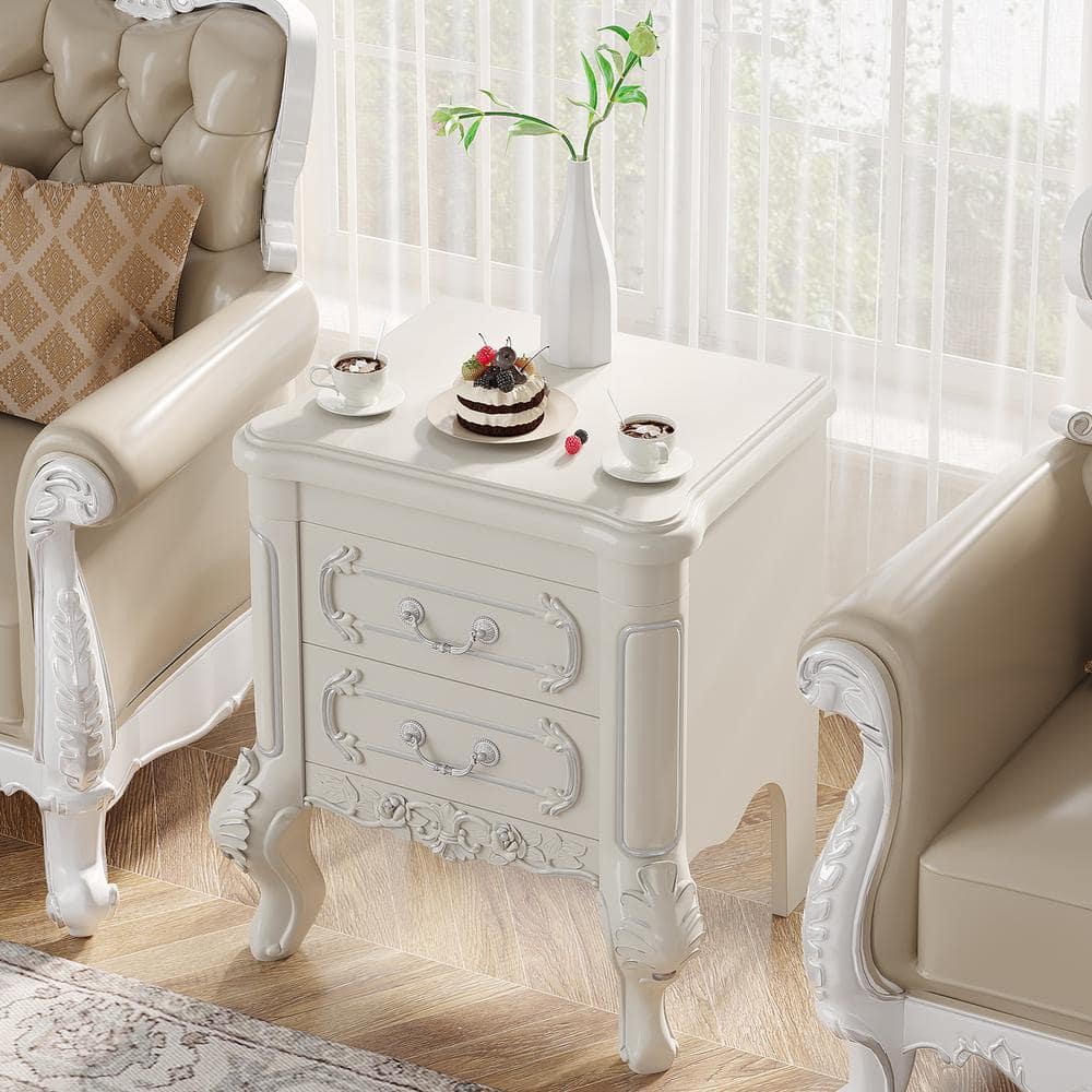 Cream White Carved Wood Nightstand with Silver Accents and 2 Drawers