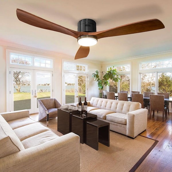 52 in. Smart Indoor Black Low Profile Standard Ceiling Fan with Solid Wood Blade APP Remote Dimmable Integrated LED