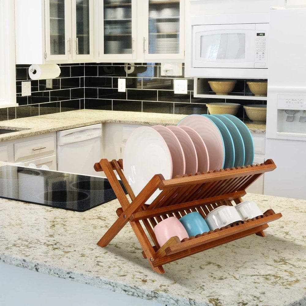 Lynzavix Natural Teak Foldable 2-Tier Dish Rack with Plate Organizer ...