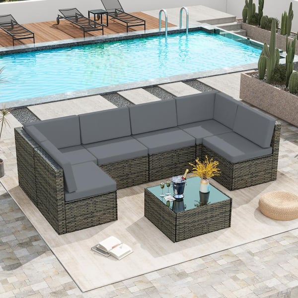 Uixe 7-Piece Rattan 6-Person Wicker Outdoor Sectional Seating Group with Dark Gray Cushions and Glass Table Furniture Sets