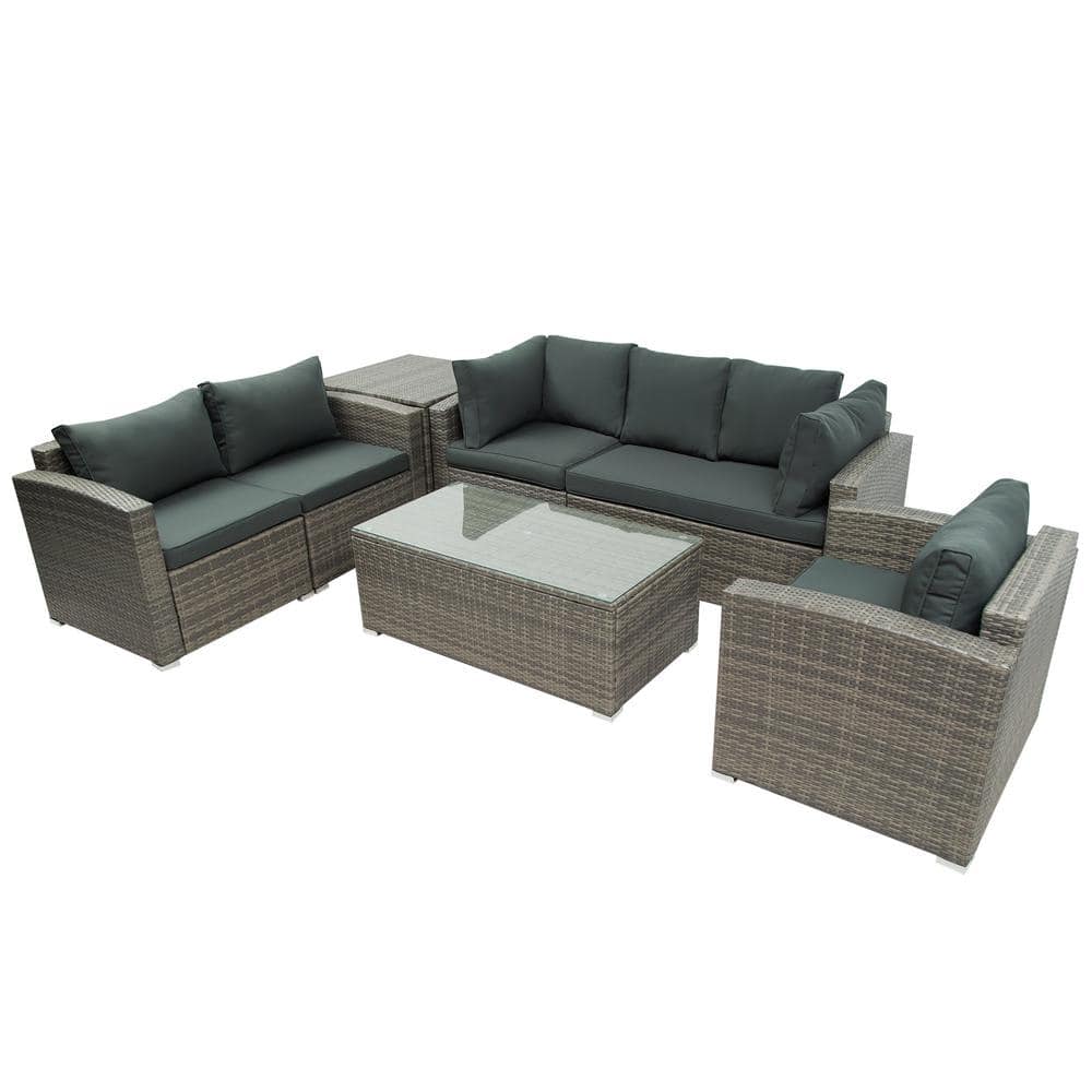 Grey 7-Piece Wicker Patio Conversation Set Sectional Seating Set with Grey 