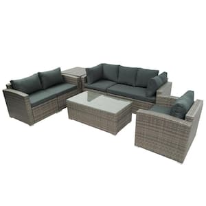 Brown 7-Piece Wicker Outdoor Patio Sectional Set with Gray Cushions, Chairs A Loveseat, Table and Storage Box