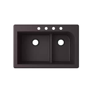 Dual-Mount Granite 33 in. x 22 in. 4-Hole 60/40 Double Bowl Kitchen Sink in Nero