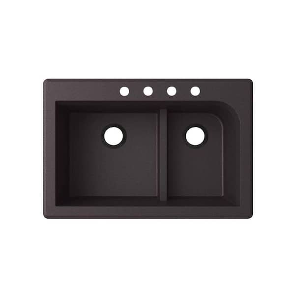 Swan Dual-Mount Granite 33 in. x 22 in. 4-Hole 60/40 Double Bowl Kitchen Sink in Nero
