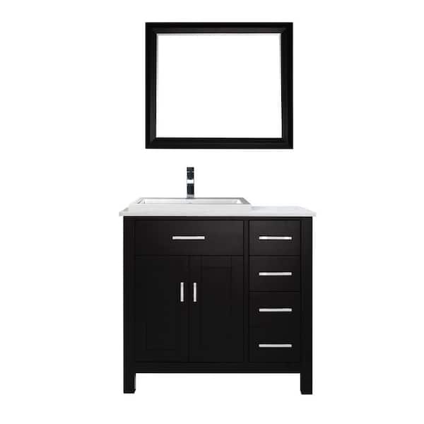 Studio Bathe Kelly 36 in. Vanity in Espresso with Solid Surface Marble Vanity Top in Carrara White and Mirror