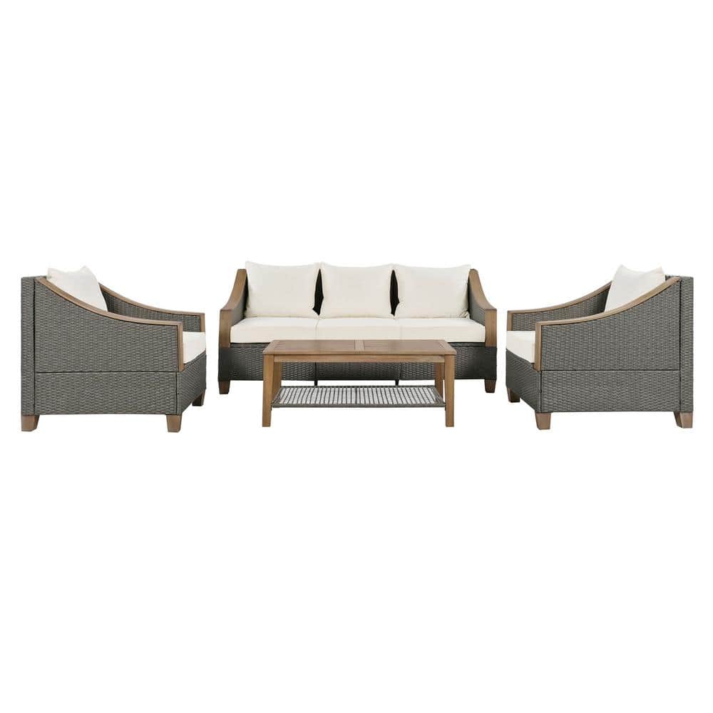 4 Pieces Rattan Outdoor Patio Conversation Set with Gray Cushion Wooden Cof