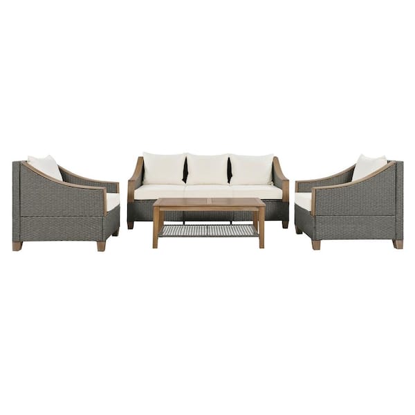 Unbranded 4 Pieces Rattan Outdoor Patio Conversation Set with Gray Cushion Wooden Coffee Table Seating 5 People for Patio