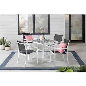 Marivaux Black and White 5-Piece Steel Outdoor Patio Dining Set with Tile Top Table and Black Sling Chairs