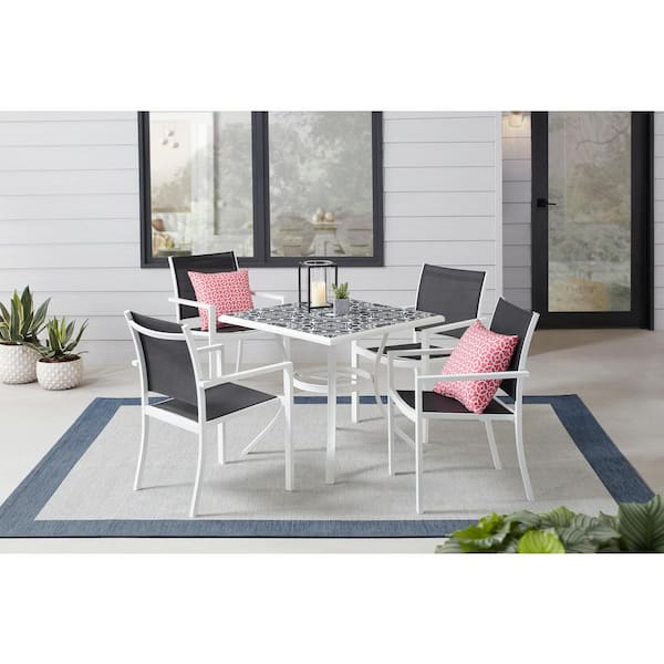 Stylewell Marivaux Black And White 5 Piece Steel Outdoor Patio Dining Set With Tile Top Table Sling Chairs 2166sb The Home Depot 5 Piece Steel Outdoor Patio Dining Set, Tile Top Dining Room Table Set
