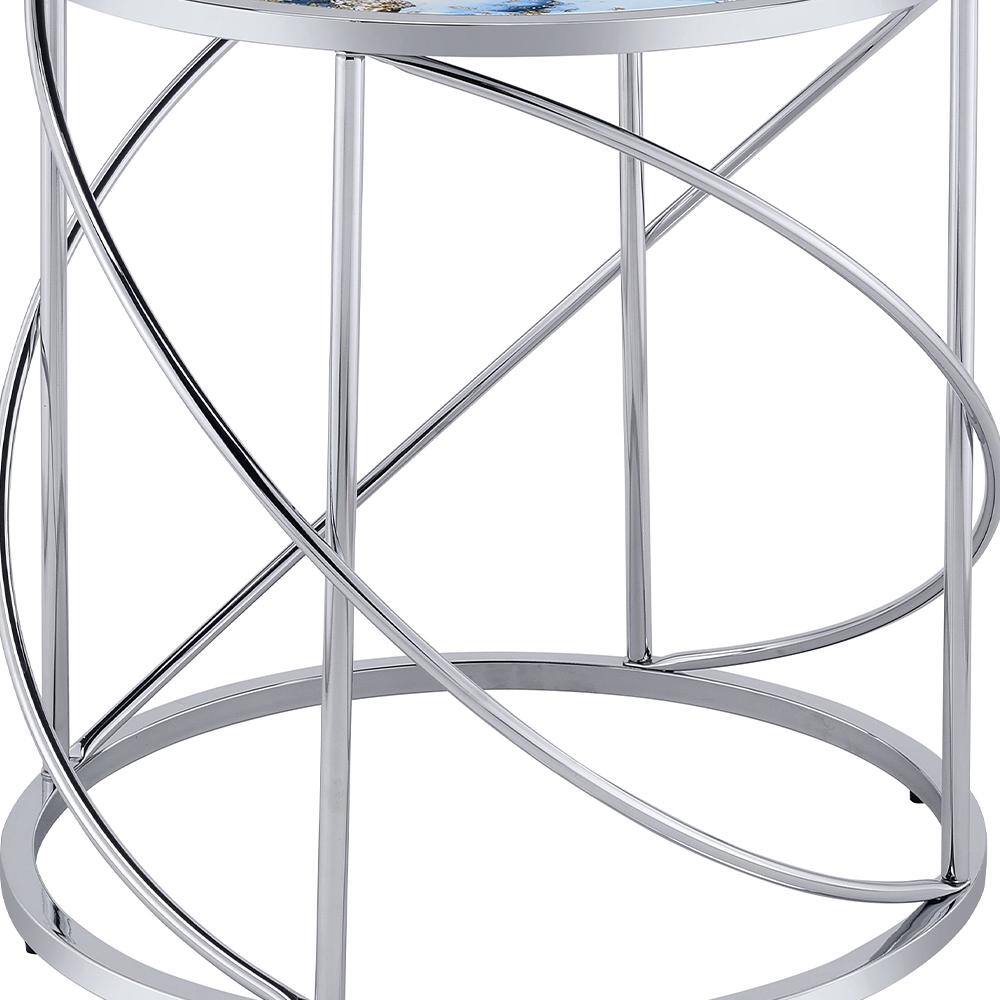 Lyda Round Blue Marble Print and Chrome End Table