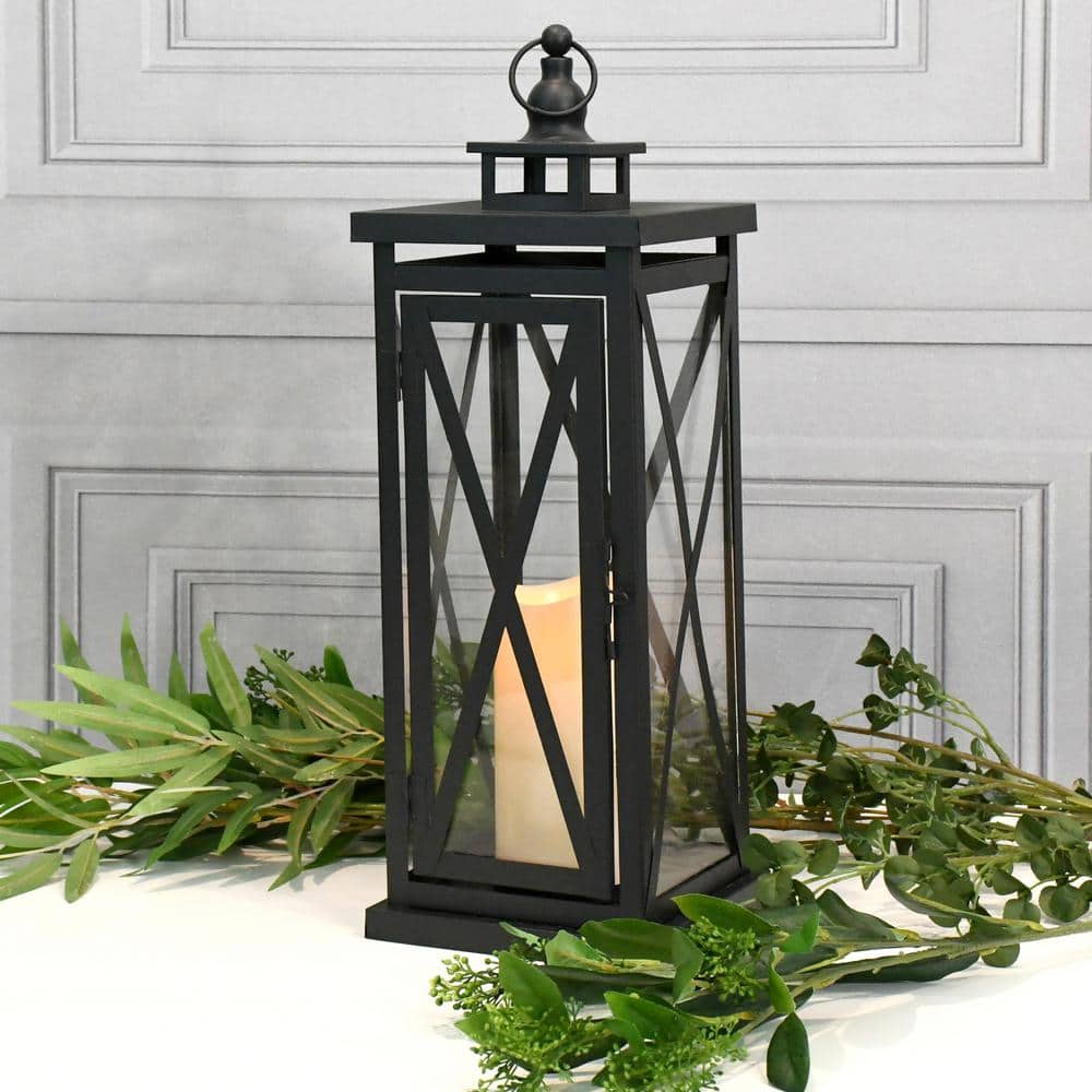 Black Metal Lantern with Amber LED Flameless Candle