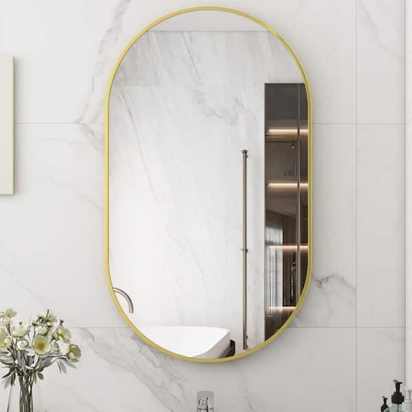 XRAMFY 19.8 in. W x 36 in. H Modern Oval Gold Aluminum Alloy Framed Wall Mirror