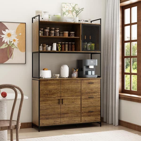 FUFU&GAGA Brown Wood 47.2 in. W Kitchen Buffet Sideboard Pantry Cabinet For Dining Room with Metal Mesh Doors, Shelves