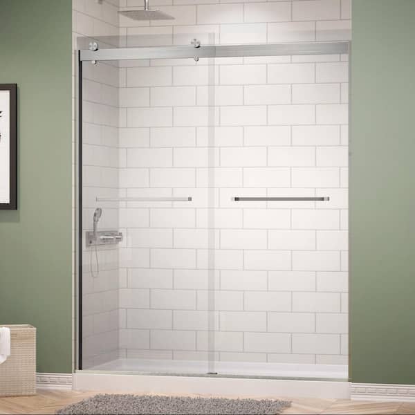 imperiol 56 in. to 60 in. x 74 in. Semi-Frameless Double Sliding Shower Door in Brushed Nickel with Clear Glass