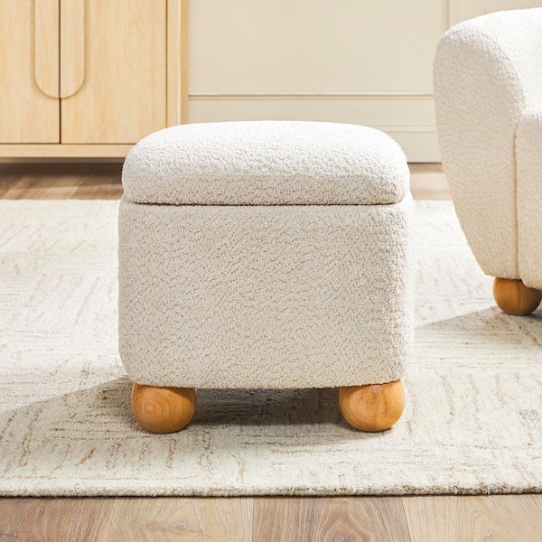 Linley Contemporary Ivory Polyester Boucle Square Small Storage Ottoman
