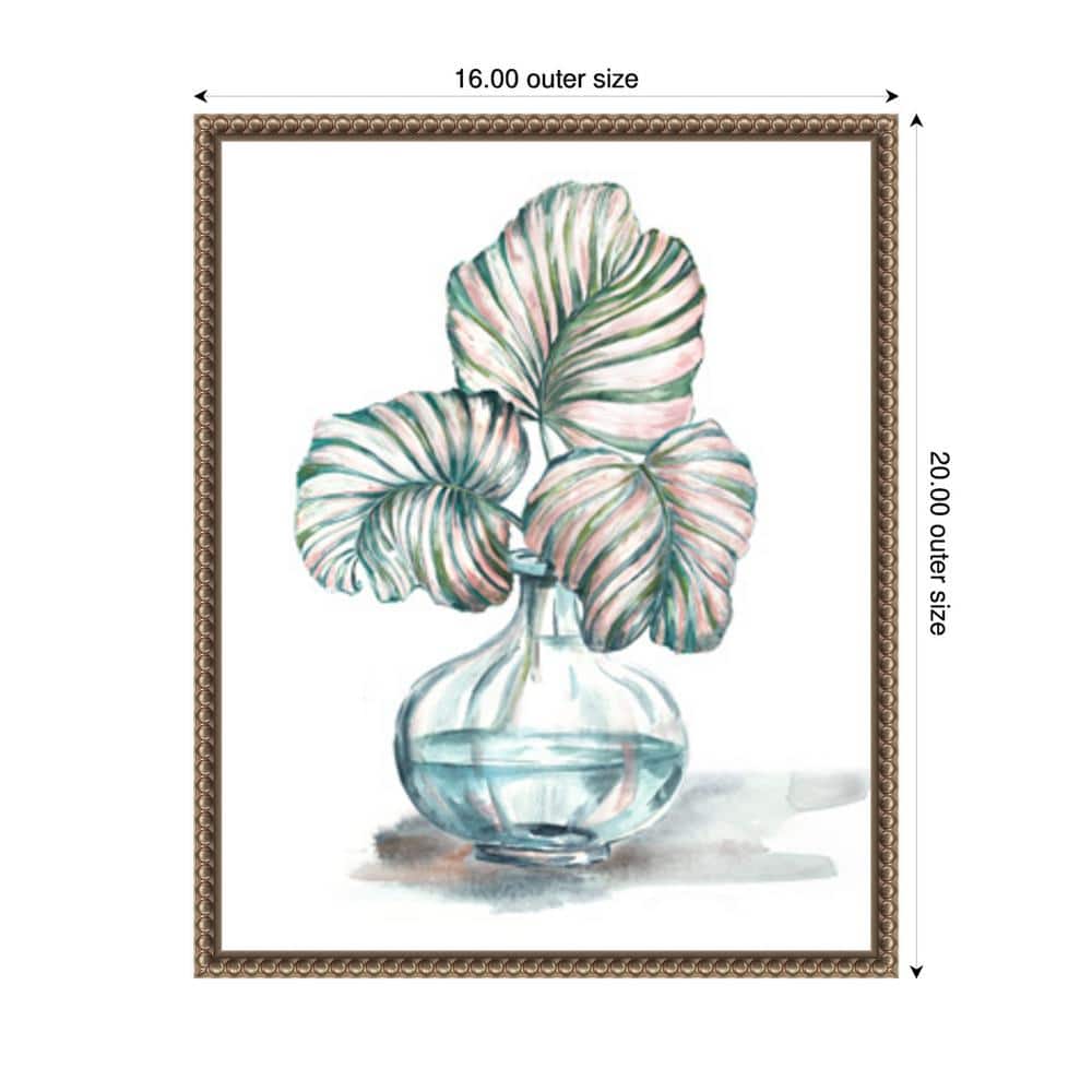 Contemporary Green and Pink Leaf Print on Canvas with Bronze Frame