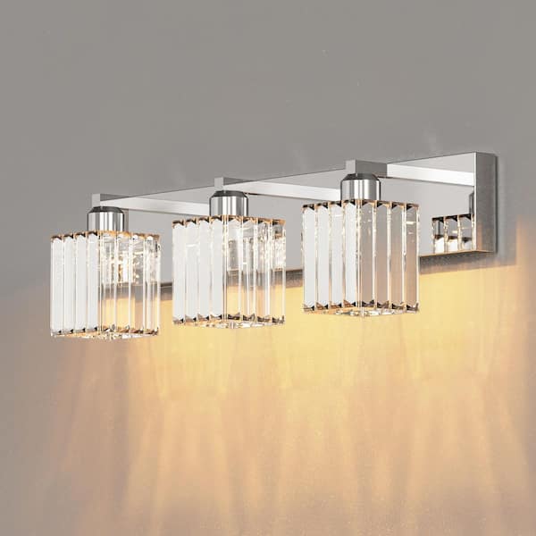 YANSUN 24 in. 3 Light Chrome LED Vanity Light with Modern Crystal Shade