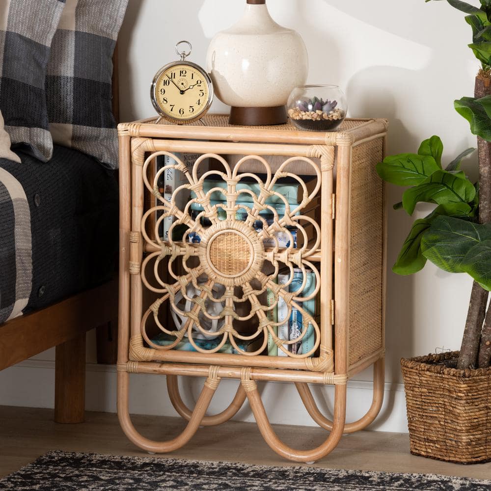 Acelin Natural Brown Rattan Bohemian Nightstand with Curved Legs