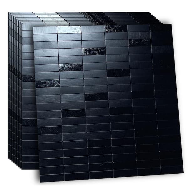 Black Brushed 11.33 in. x 11.85 in. Aluminum Peel and Stick Backsplash Tile for Kitchen, Pack of 10