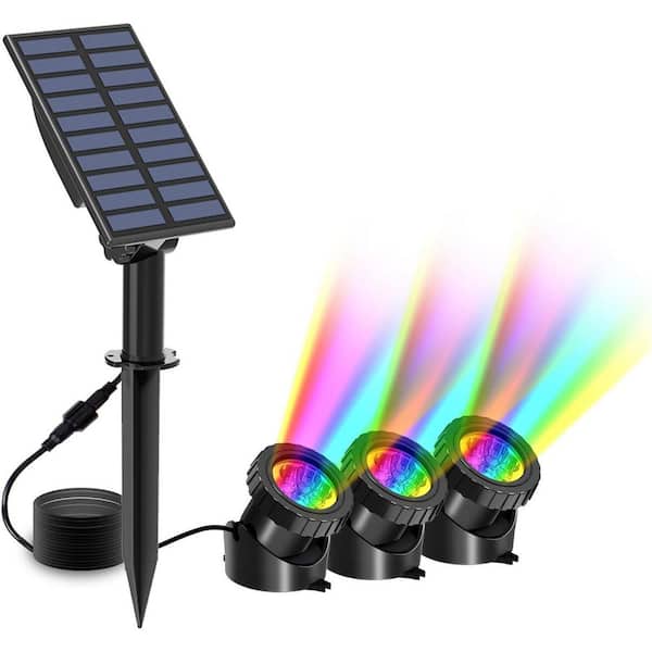 Solar RGB Color Changing Underwater Pond Lights Outdoor Waterproof LED Spotlights w/ Adjustable Panel 3-Head Lamp
