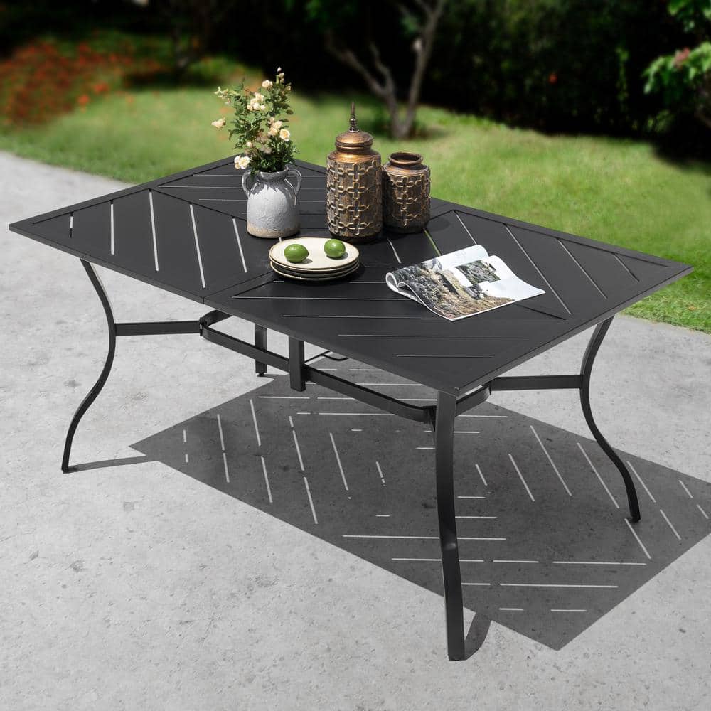 Black Powder-Coated Iron Outdoor Dining Table with Umbrella Hole