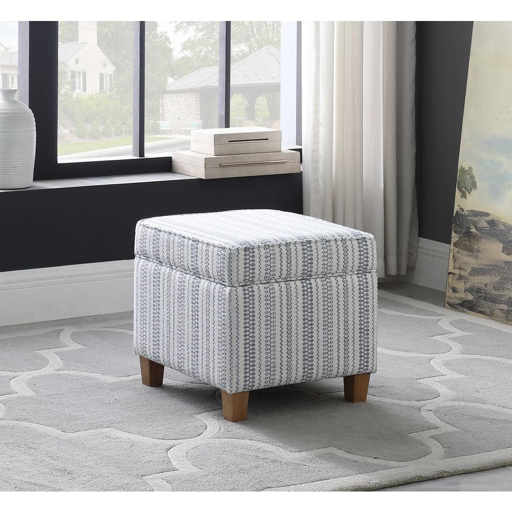 Farmhouse Blue Striped Square Storage Ottoman with Wood Legs