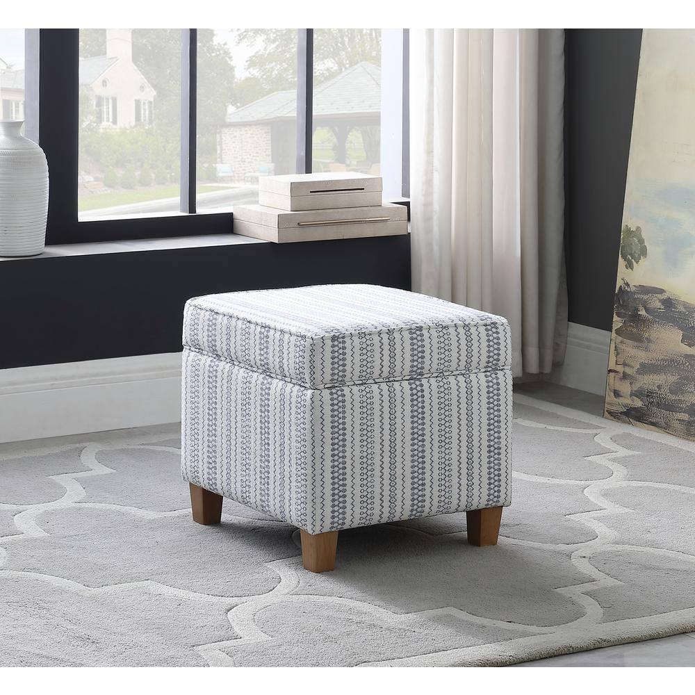 Farmhouse Blue Striped Square Storage Ottoman with Wood Legs