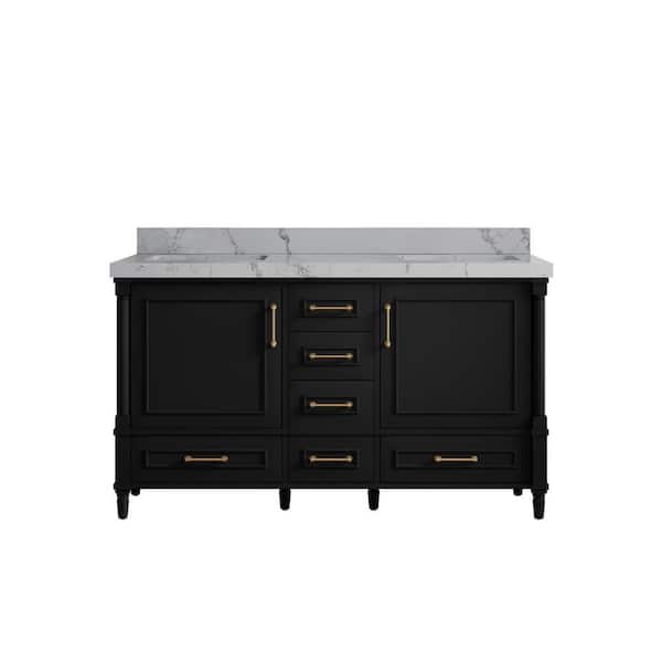 Willow Collections Hudson 60 in. W x 22 in. D x 36 in. H Double Sink Bath Vanity in Black with 2 in. Venatino Qt. Top