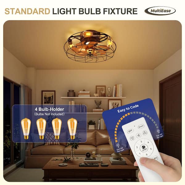 20 in. Smart Indoor Industrial Matte Caged Low Profile Standard Black Flush Mount Ceiling Fan with Integrated LED