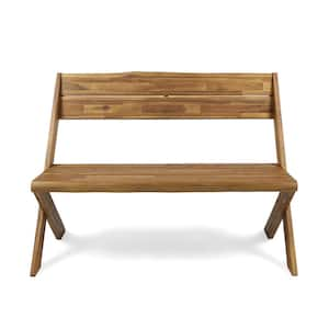 2-Person Sandblast Teak Acacia Wood Outdoor Bench with classic Cross Base and Comfortable Slightly Reclined Seat Back