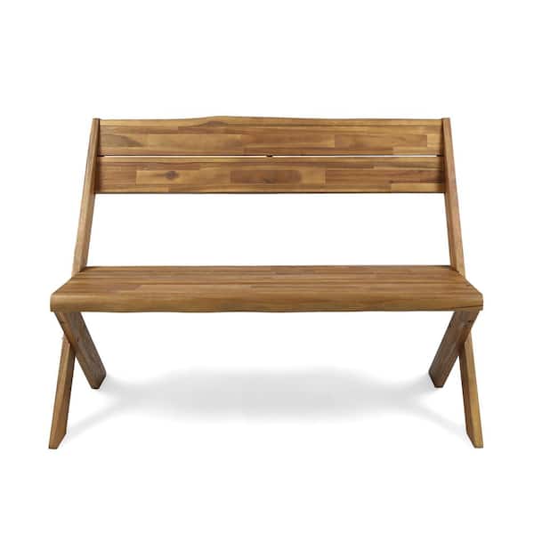 ITOPFOX 2-Person Sandblast Teak Acacia Wood Outdoor Bench with classic Cross Base and Comfortable Slightly Reclined Seat Back