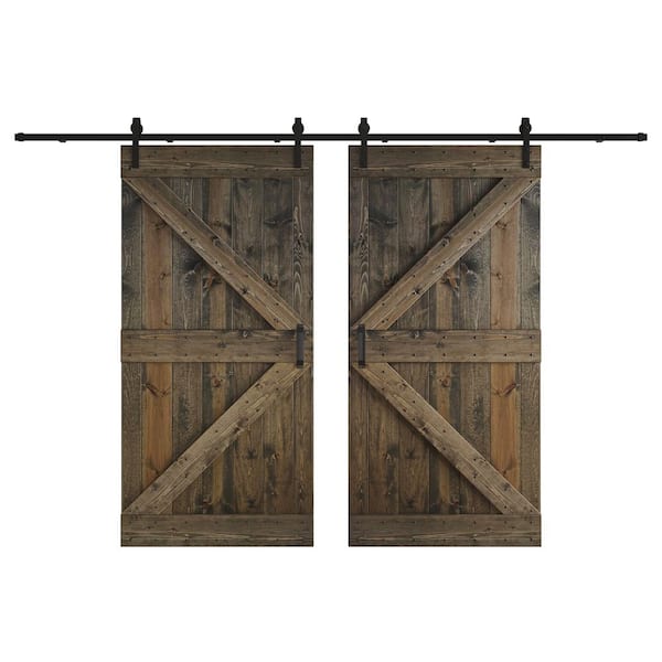 COAST SEQUOIA INC K Series 84 in. x 84 in. Aged Barrel DIY Knotty Wood Double Sliding Barn Door with Hardware Kit