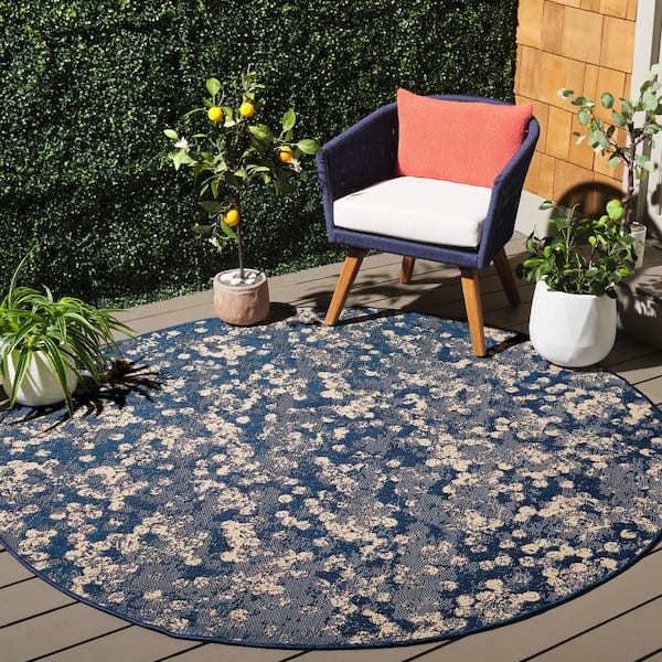 Courtyard Navy/Beige 7 ft. x 7 ft. Marle Indoor/Outdoor Round Area Rug