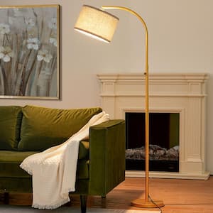 63.4 in. Gold 1-Light Arc Dimmable Floor Lamp for Living Room With Fabric Drum Shad