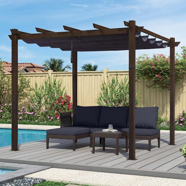 PURPLE LEAF 10 ft. x 10 ft. Bronze Aluminum Frame Outdoor Patio Pergola Gazebo with Navy Blue Retractable Sun Shade Canopy for Beach