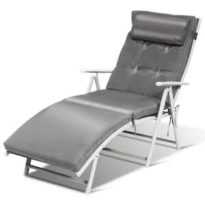 Foldable Metal Steel Outdoor Chaise Lounge with Grey Cushions