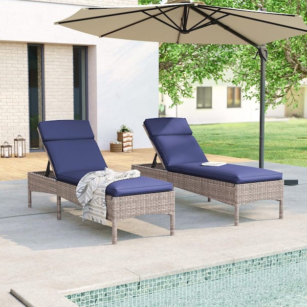 Outdoor Patio Wicker Chaise Lounge Chairs with Adjustable Inclination Angles, Navy Blue Cushion