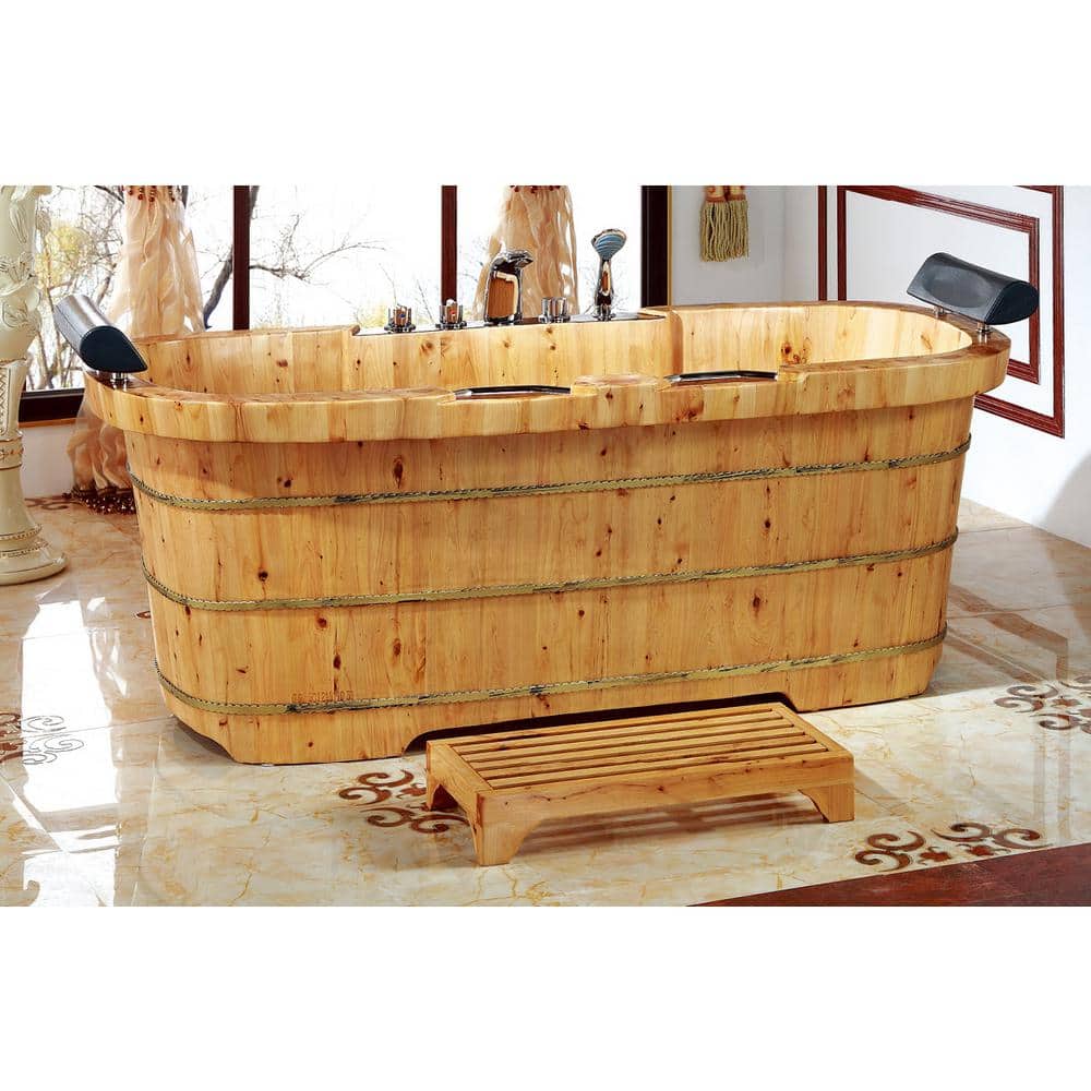 65'' Natural Cedar Wood Freestanding Soaking Bathtub with Fixtures