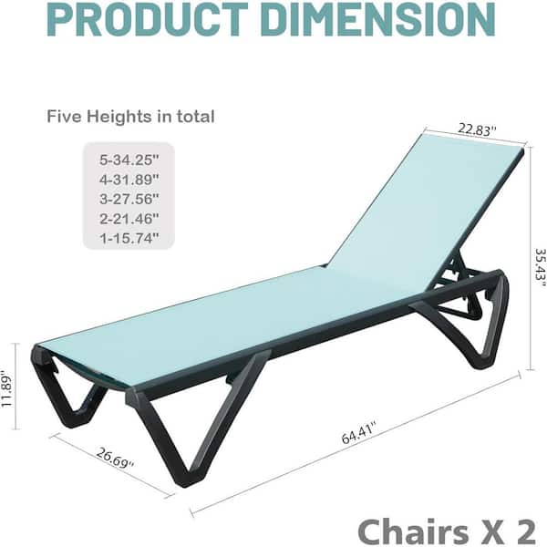 Aluminum 2-Piece Adjustable Stackable Outdoor Chaise Lounge in Blue Seat with Wheels for Poolside Sunbathing Lounger