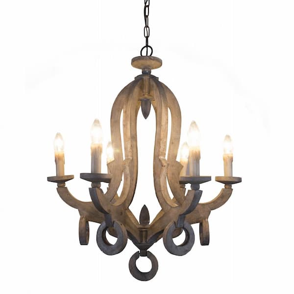 Candle Style 6 Light Weathered Wood Chandelier French Country Rustic Wooden Ceiling With Adjustable Chain Fc4003 Candle Style 6 Light Weathered Wood, Country French Chandelier Shades