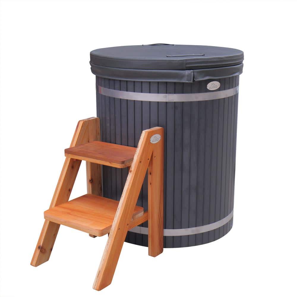 Charcoal and Cedar Oval Ice Bath Tub with Steps
