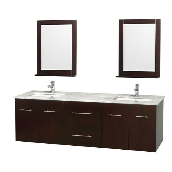 Wyndham Collection Centra 72 in. Double Vanity in Espresso with Marble Vanity Top in Carrara White, Square Sink and 24 in. Mirror