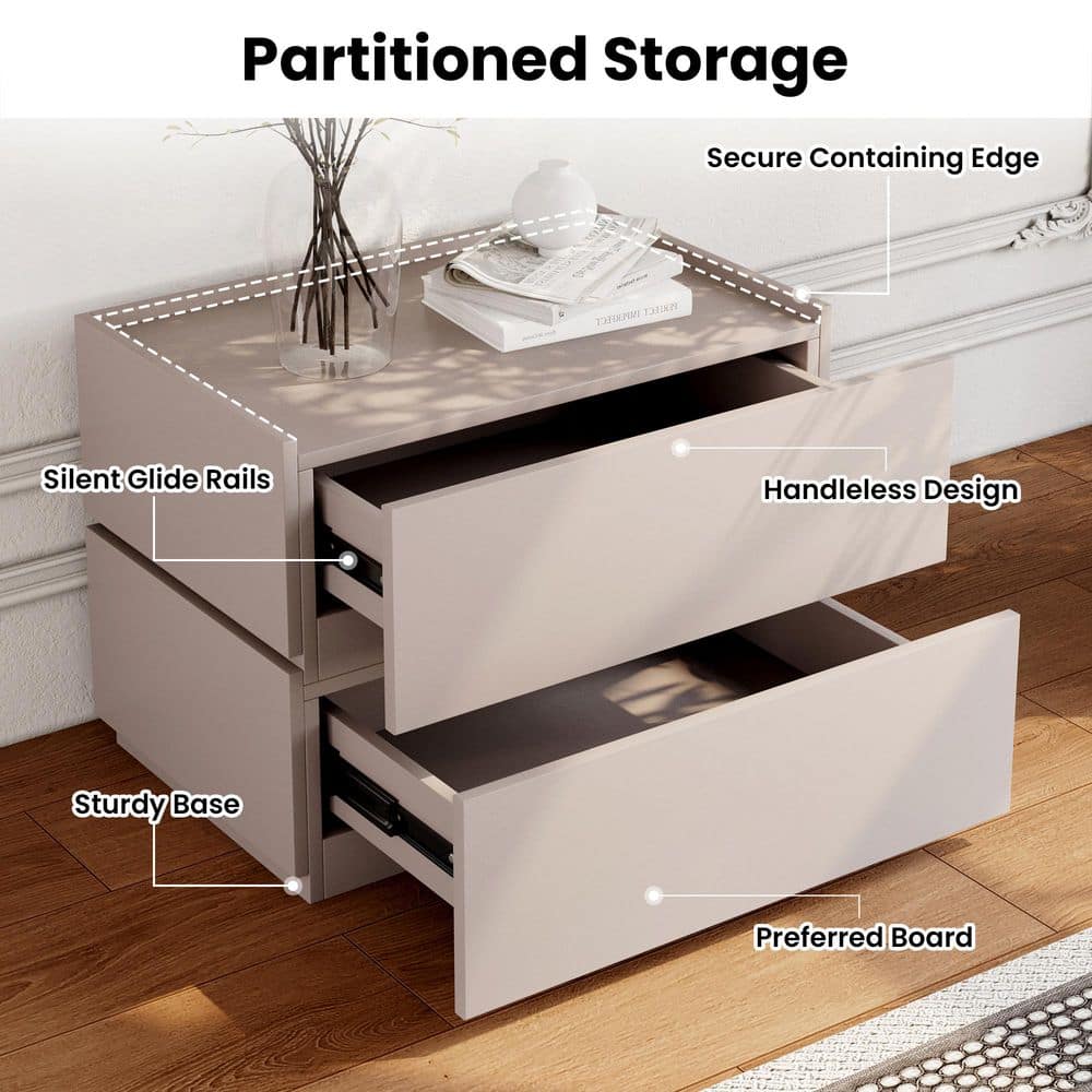 2-Drawer 23.6 in. Walnut Wooden Nightstands Modular Stackable Bedside Table for Bedroom - thumbnail 2