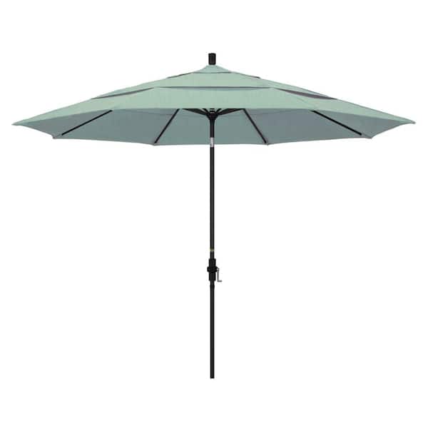California Umbrella 11 ft. Black Aluminum Pole Market Aluminum Ribs Crank Lift Outdoor Patio Umbrella in Spa Sunbrella