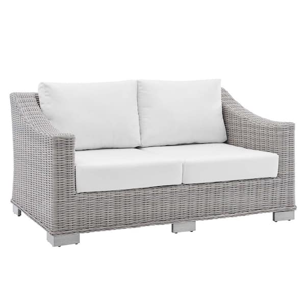 Conway Light Gray Wicker Rattan Outdoor Patio Loveseat with White Sunbrella Cushions