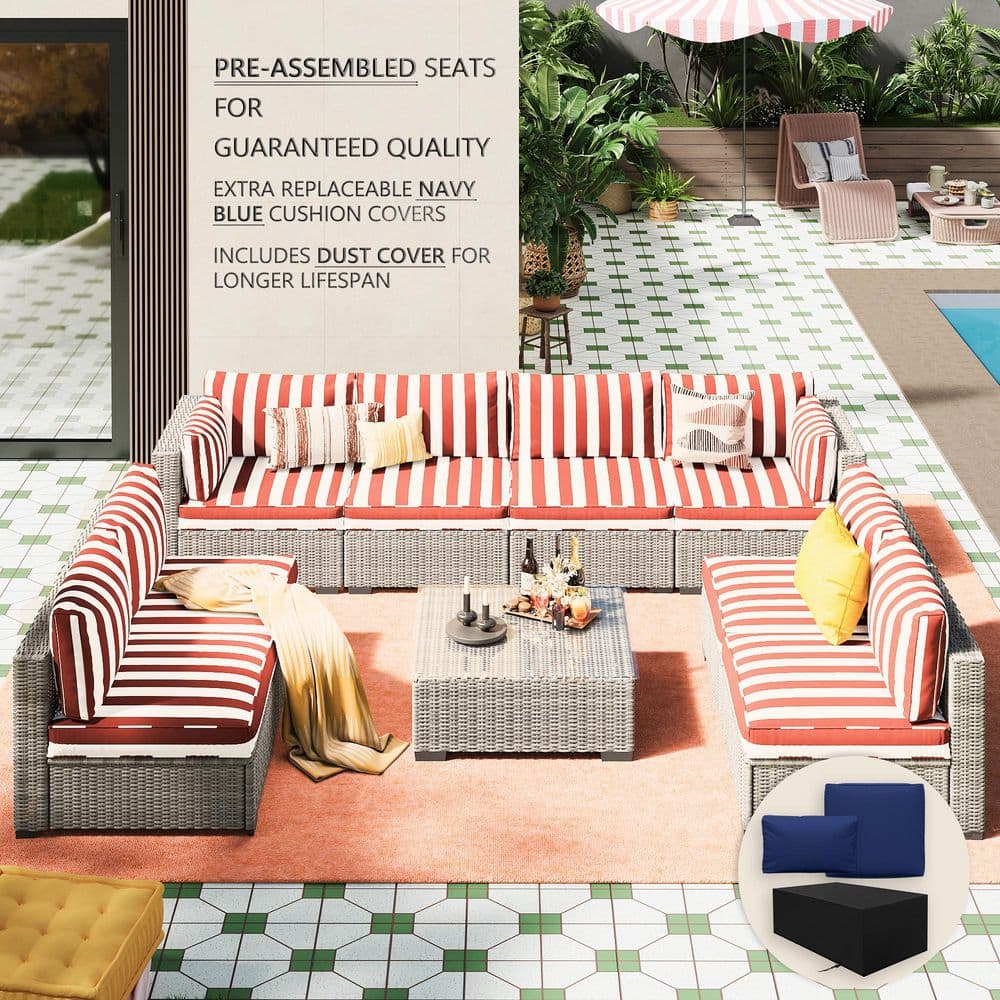 Hav Rattan 9p Stabenton 9-Piece Wicker Outdoor Patio Conversation Sofa Seating Set ...