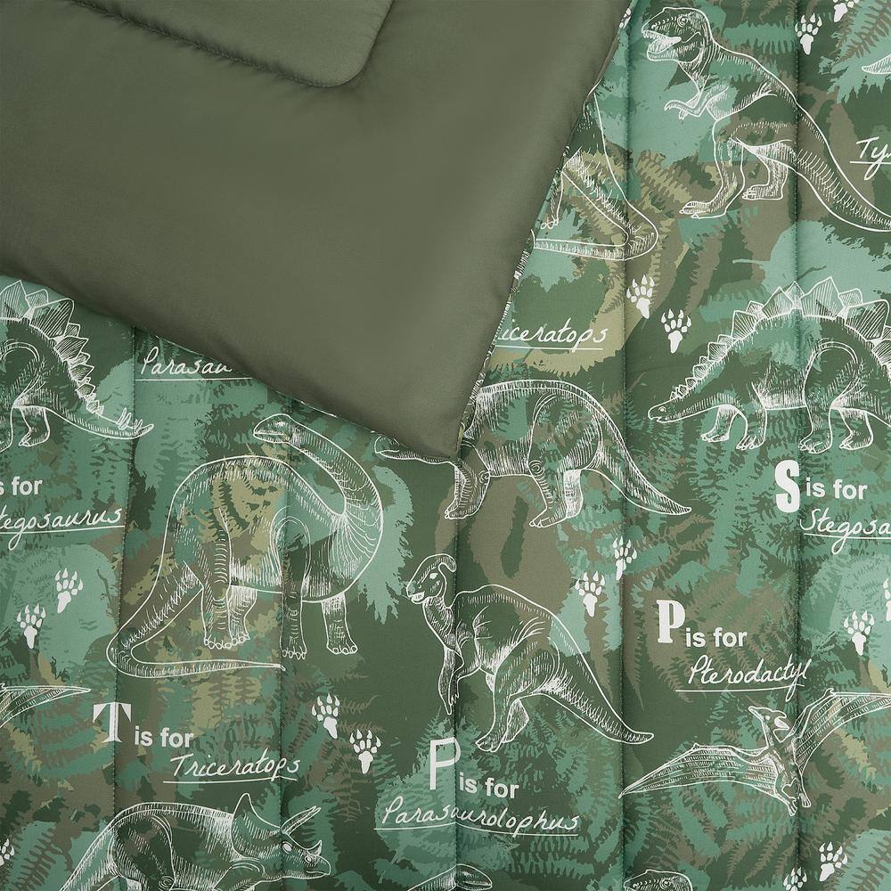 Dino Forest Green and White Microfiber Twin Comforter Set
