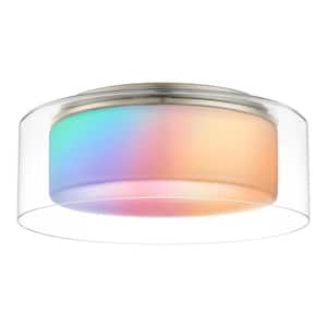 Denning 13 in. Brushed Nickel Smart Voice Controlled CCT and RGB Color Selectable LED Flush Mount Powered by Hubspace
