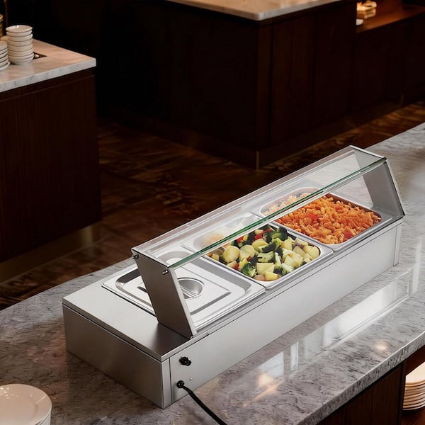 Commercial Food Warmer, 1500W Electric Stainless Steel Steam Food Warmer with Glass Cover, Countertop Buffet Bain Marie