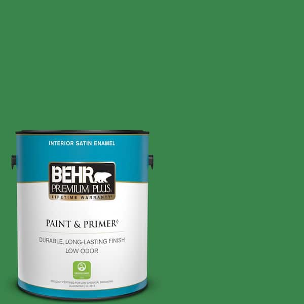 BEHR PREMIUM PLUS 1 gal. #450B-7 Green Grass Satin Enamel Low Odor Interior Paint & Primer